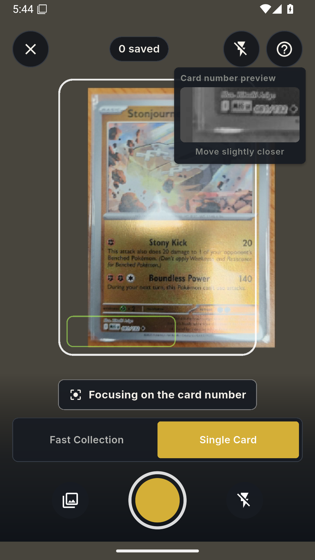 CardScanR Android scanner focusing on a Pokémon card collector number