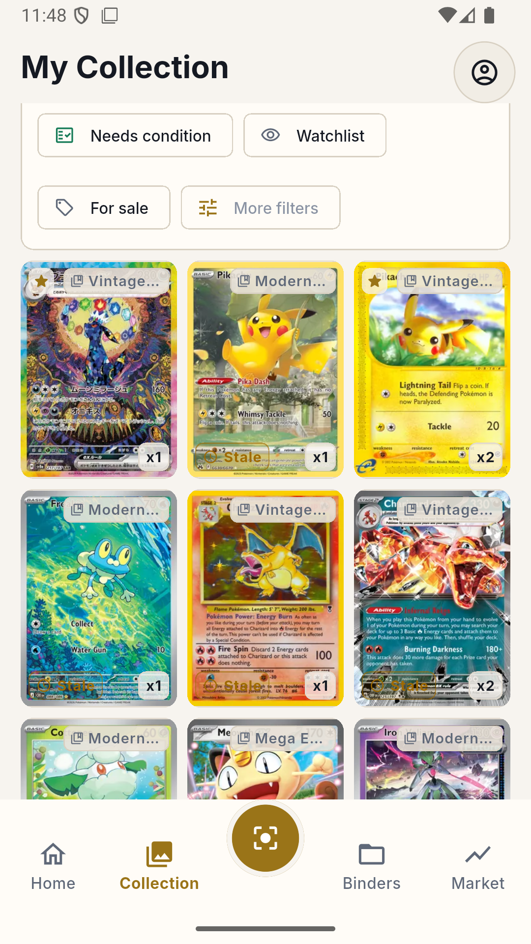 CardScanR collection screen showing owned cards and quantities