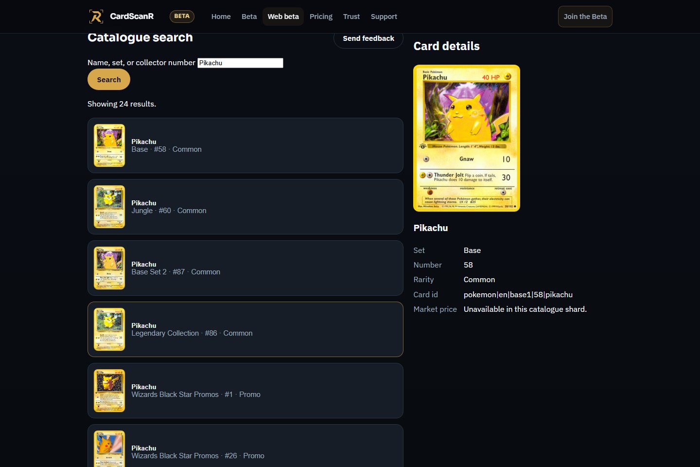CardScanR website beta catalogue search with Pikachu results and card details