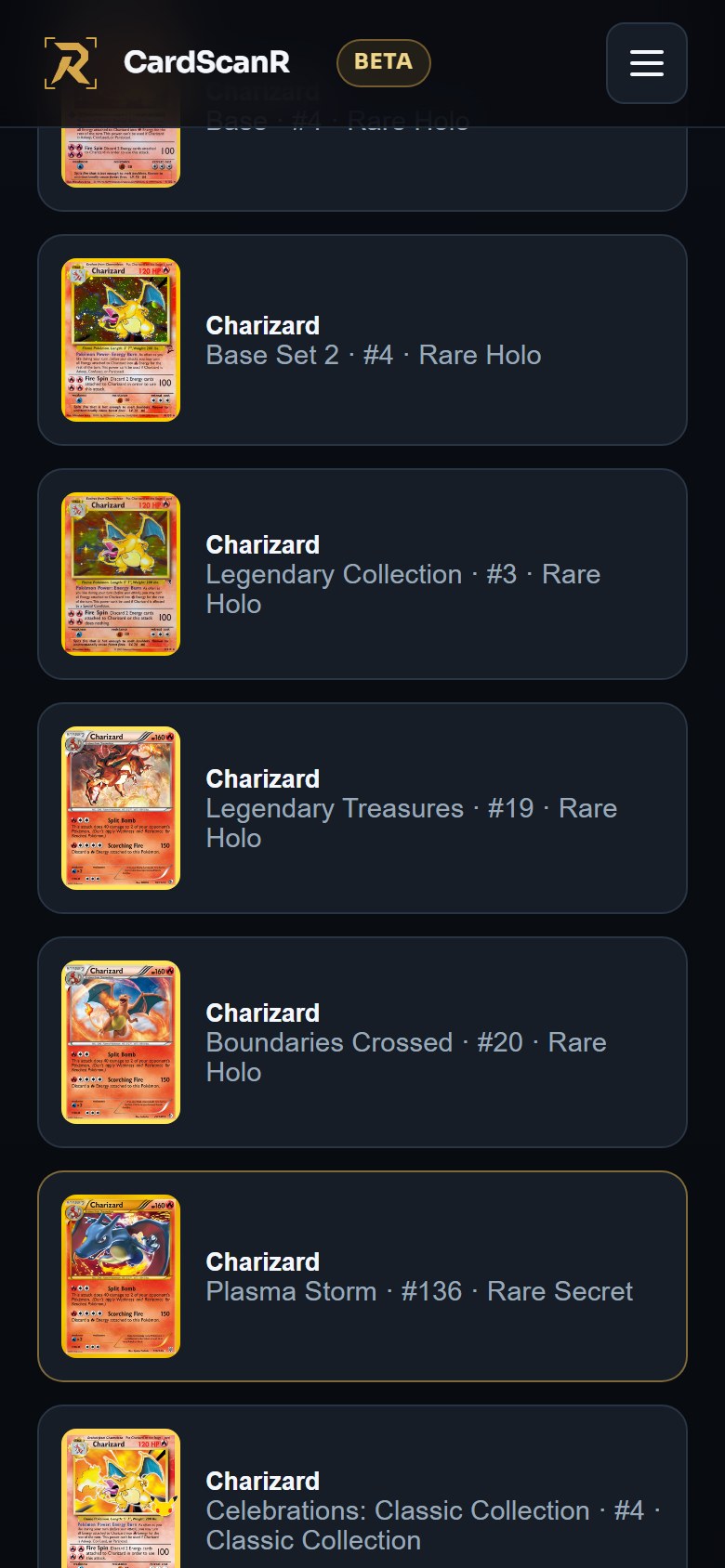 CardScanR website beta mobile browser search results for Charizard